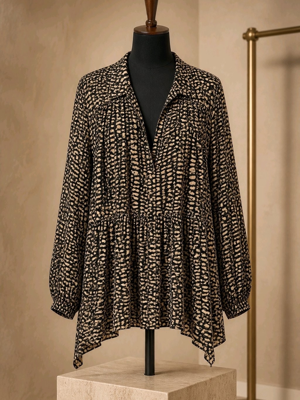 Avenue Black and Tan Printed Long-Sleeve Tunic